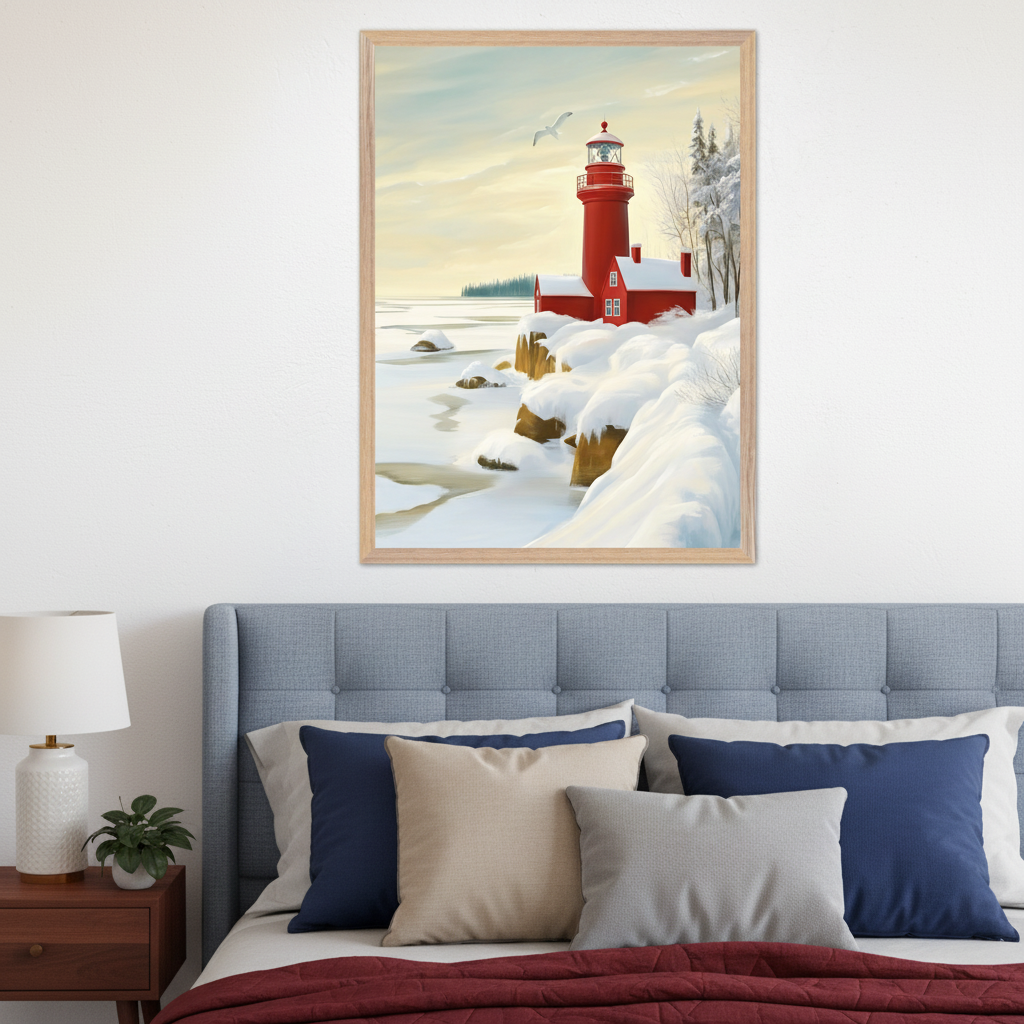 Modern bedroom with a blue upholstered bed. A large framed painting of a red lighthouse and building on a snowy, icy shore hangs centered above the bed.