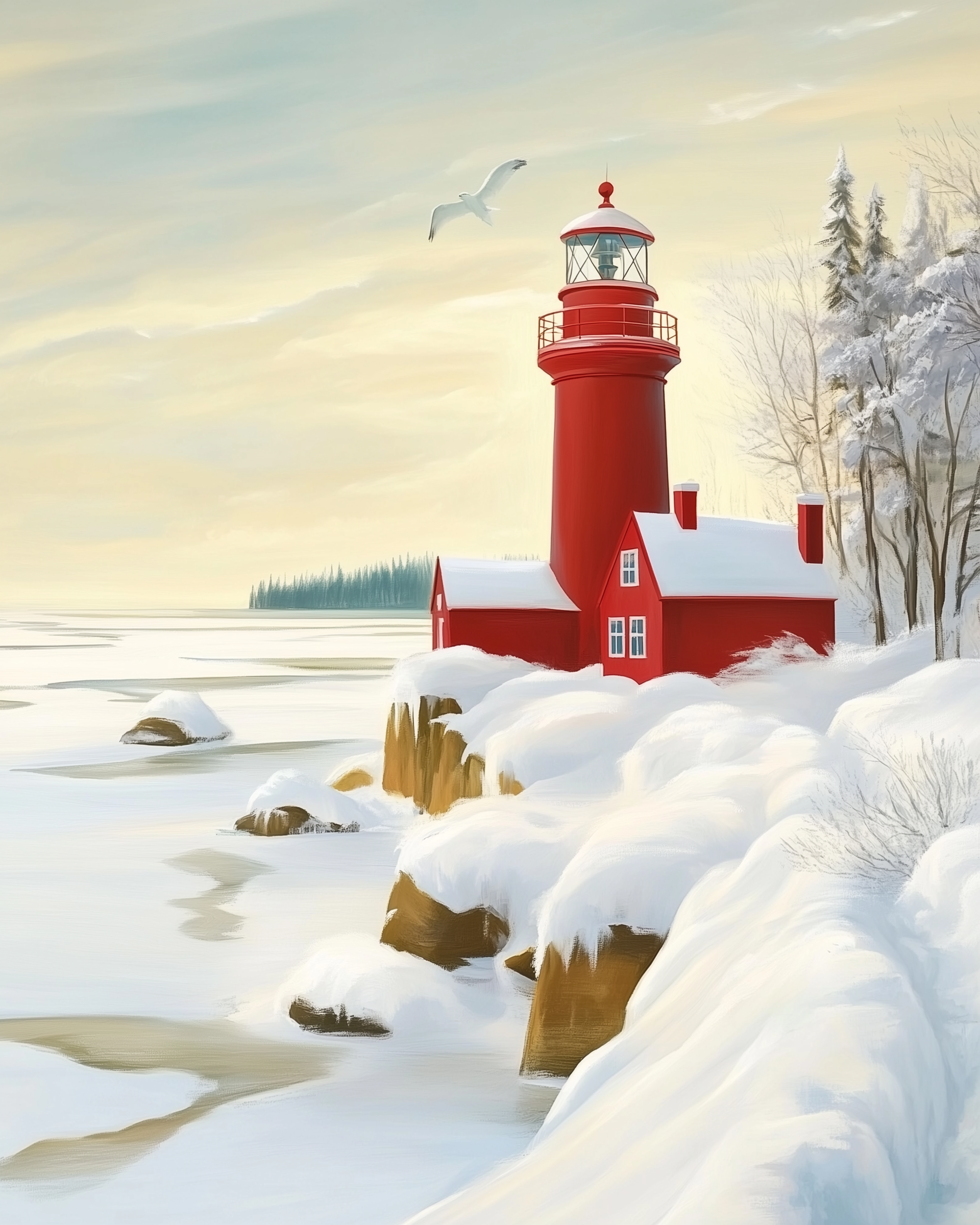 A striking red lighthouse with snow-covered rooftops and rocky shoreline, surrounded by wintry trees and frozen water under a soft sky.