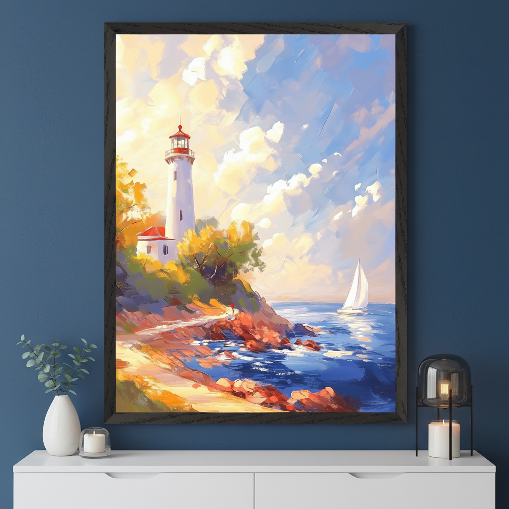 Modern room with a dark blue wall. A large framed impressionistic painting of a lighthouse on a rocky coast with a sailboat at sea under a partly cloudy sky hangs centered above a white dresser. A vase, small candle, and lamp are on the dresser.