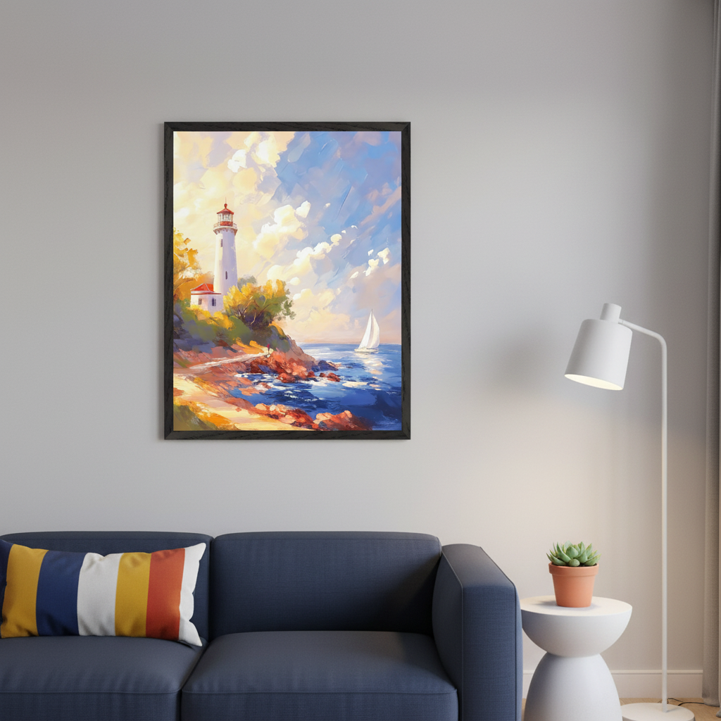 Modern living room with a dark blue sofa, white floor lamp, and white side table. Above the sofa, a large framed painting in an expressive style shows a lighthouse on a rocky coastline with a sailboat on the ocean under a bright, cloudy sky.