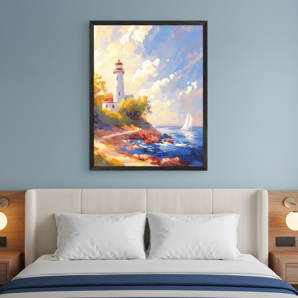 Modern bedroom with a white headboard bed and two nightstands. A framed impressionistic painting of a lighthouse on a rocky coast with a sailboat at sea, under a vibrant, cloudy sky, hangs centered above the bed.