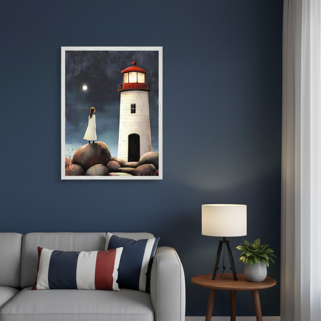 Modern living room with a light grey sofa and a wooden side table. A framed painting of a white lighthouse with a red top, a girl on a rock, and a moon in a dark sky hangs centrally above the left side of the sofa.