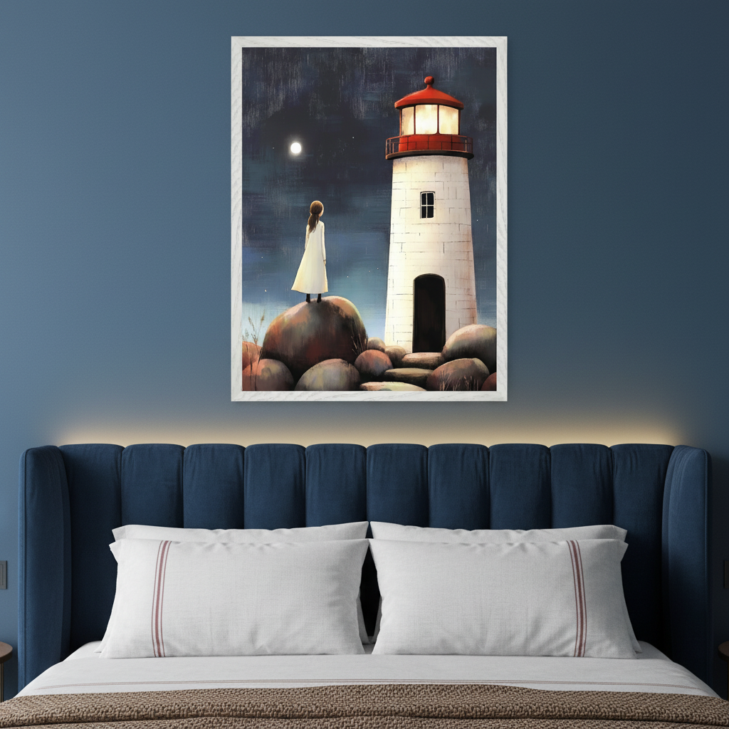 Modern bedroom with a dark blue upholstered bed. A large framed painting hangs centered above the bed, depicting a person on a rock looking at a white lighthouse with a red roof under a full moon at night, in an illustrative style.