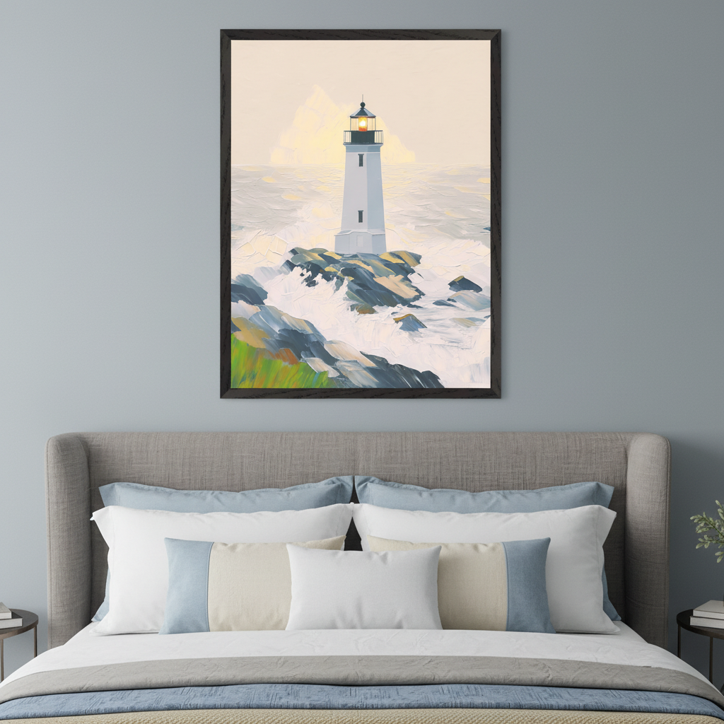 Modern bedroom with a grey upholstered bed. A large framed impressionistic painting of a white lighthouse on rocky waves under a yellow sky hangs above the bed.