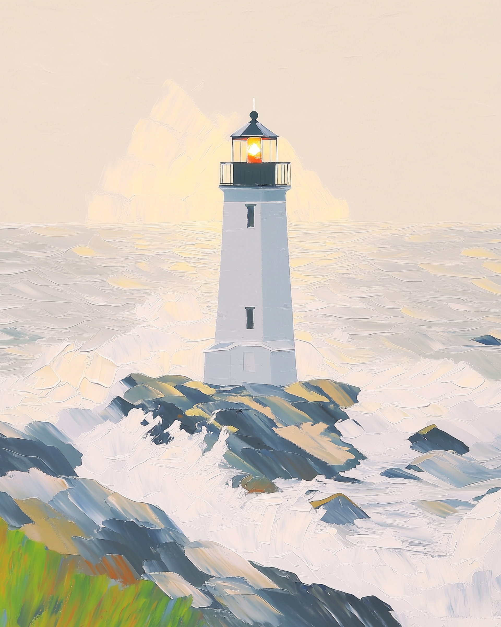 Stylized art of a lighthouse standing on jagged rocks as foamy waves crash around it, with light beaming through the misty sky in soft pastel hues.
