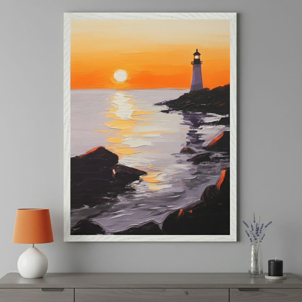 Modern living room with a dark wooden dresser. A large framed textured painting of a lighthouse on a rocky coast at sunset, with the sun reflecting on water, hangs centered above the dresser. An orange lamp and lavender in a vase are on the dresser.