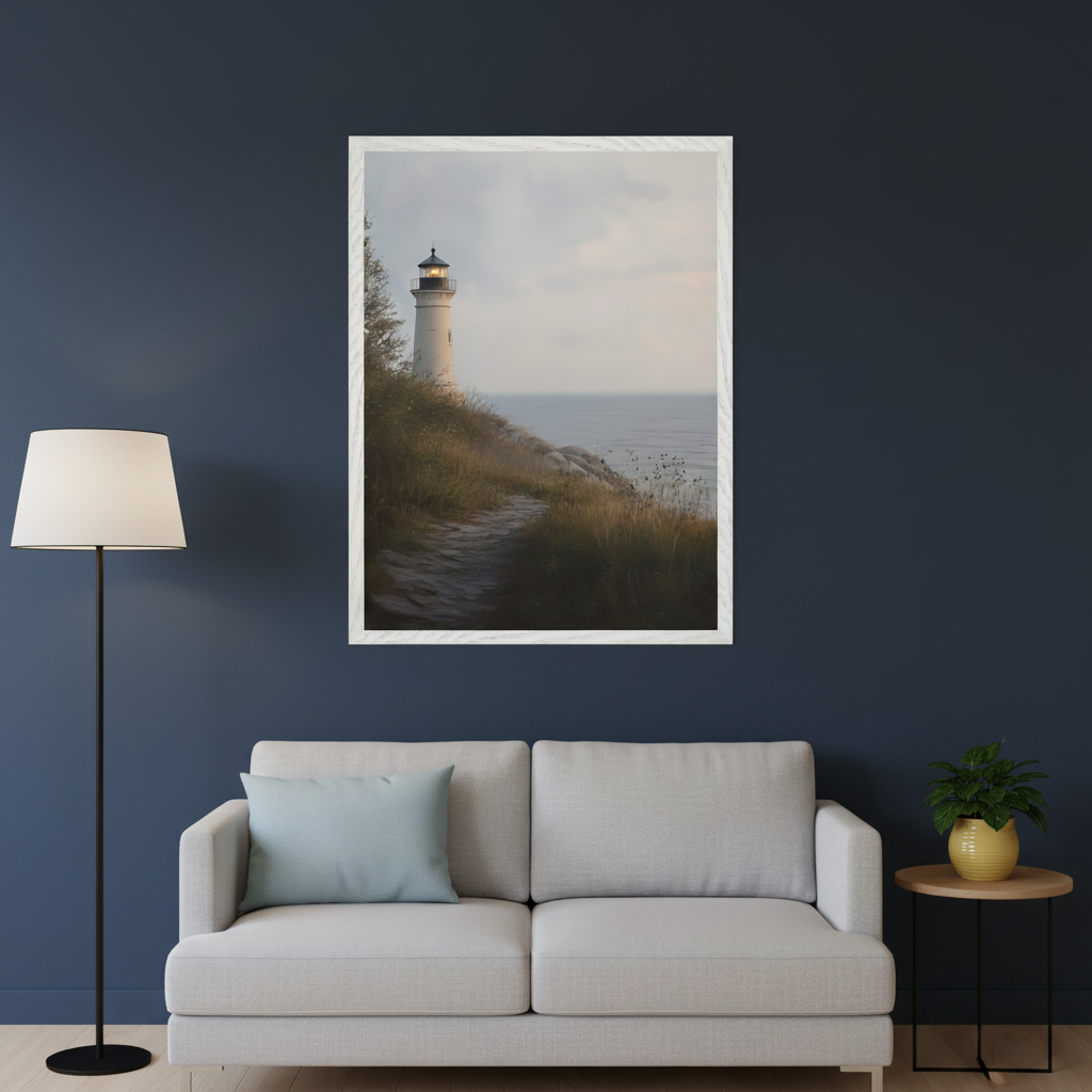 Living room with a dark blue wall and a light gray two-seater sofa. A large framed print of a lighthouse on a grassy cliff by the sea hangs centered above the sofa. A floor lamp is on the left and a side table with a plant is on the right.