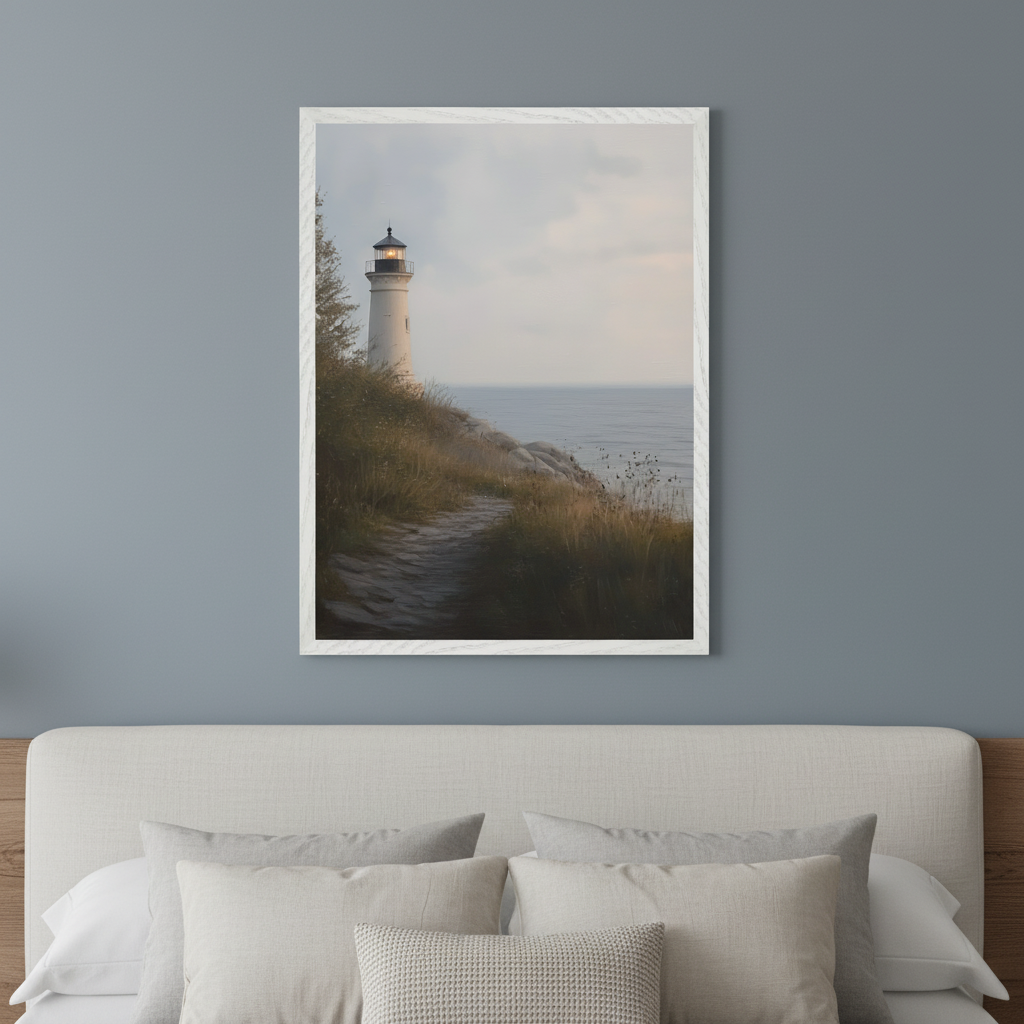Modern bedroom with a light-colored upholstered bed and pillows. A framed print of a white lighthouse on a cliffside path overlooking the ocean, under a cloudy sky, hangs centered above the headboard on a blue-gray wall.