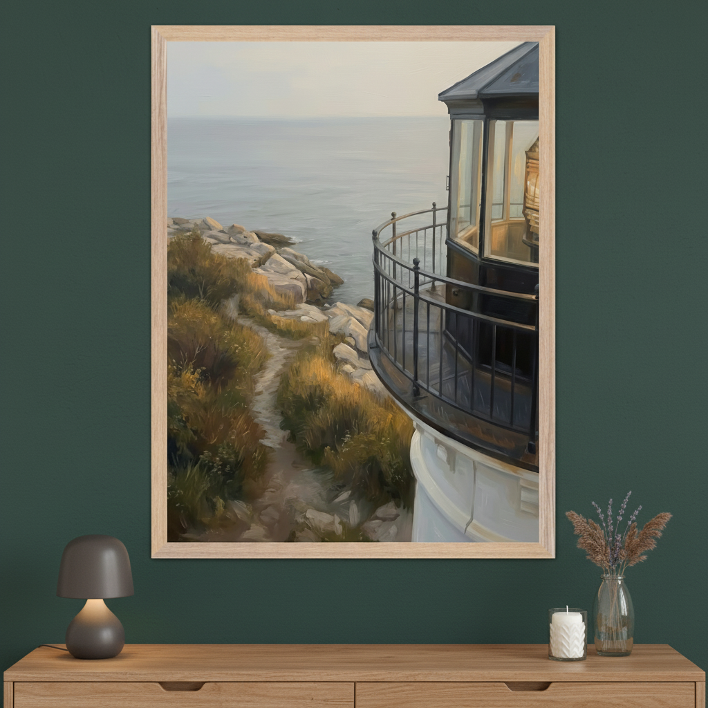 Modern living room with a large framed painting centered above a wooden dresser. The painting depicts a lighthouse on a rocky coast with a path, overlooking a misty sea, in a realistic style. A lamp, candle, and dried flowers are on the dresser.
