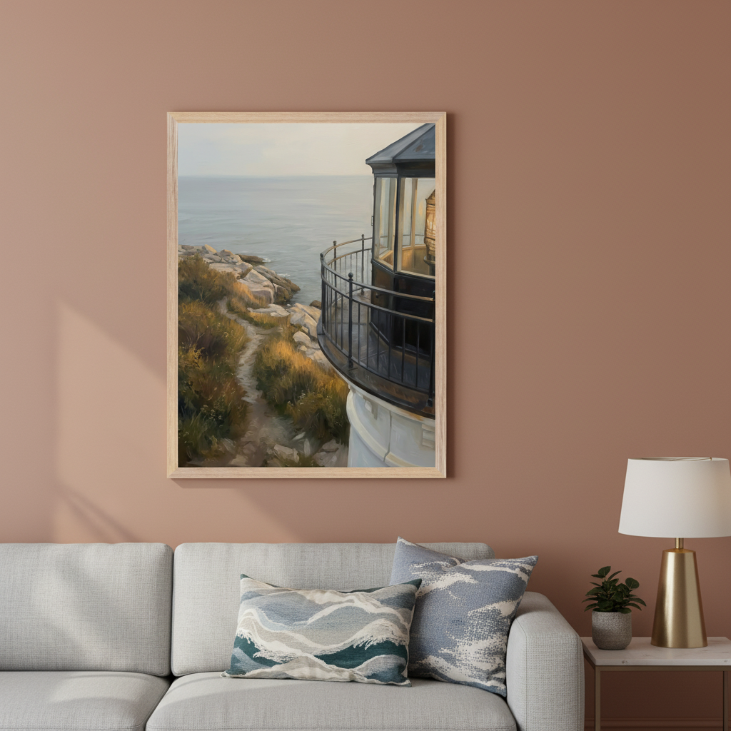 Living room with a grey sectional sofa and side table. A large framed realistic painting of a lighthouse on a rocky cliff overlooking the ocean with a winding path and golden light hangs above the sofa.