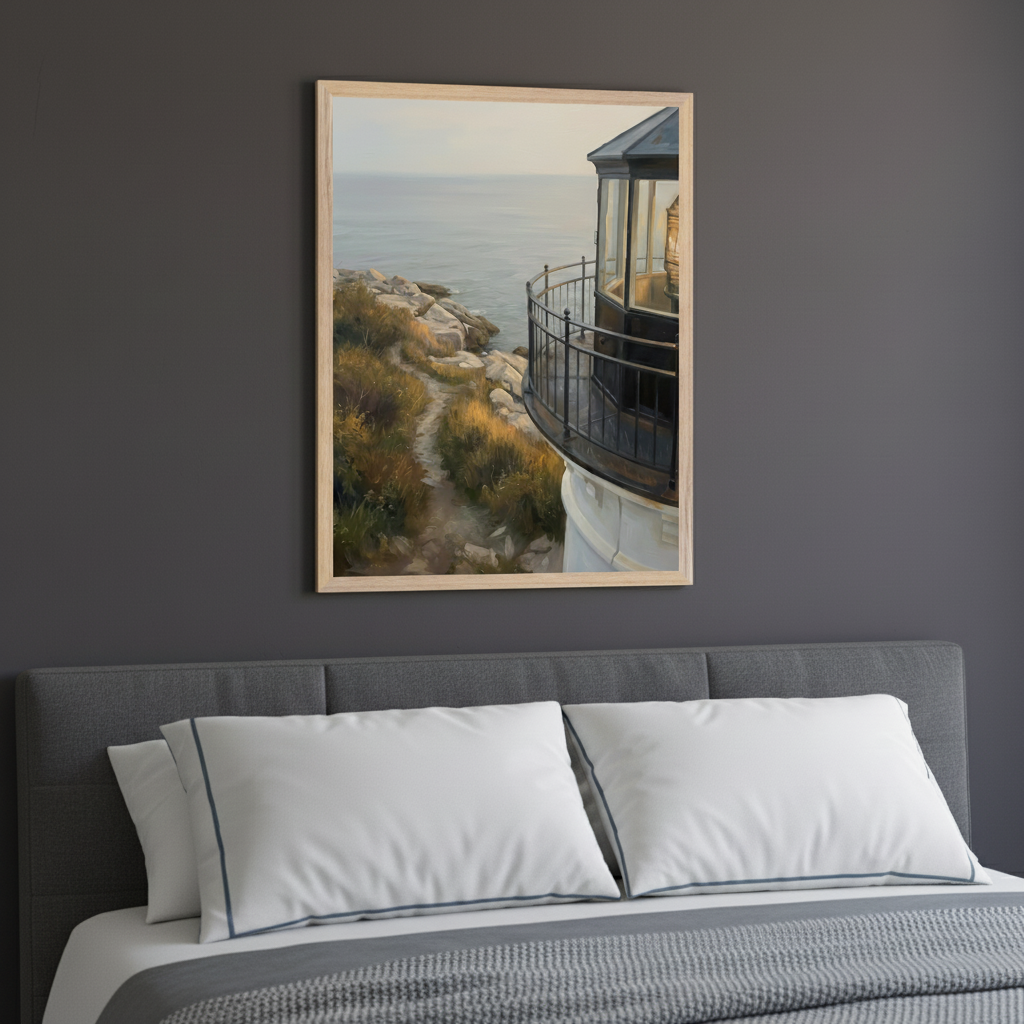 Modern bedroom with a gray upholstered bed. A framed painting of a lighthouse on a rocky coast at sunset, with a path in the foreground and ocean beyond, hangs above the bed.