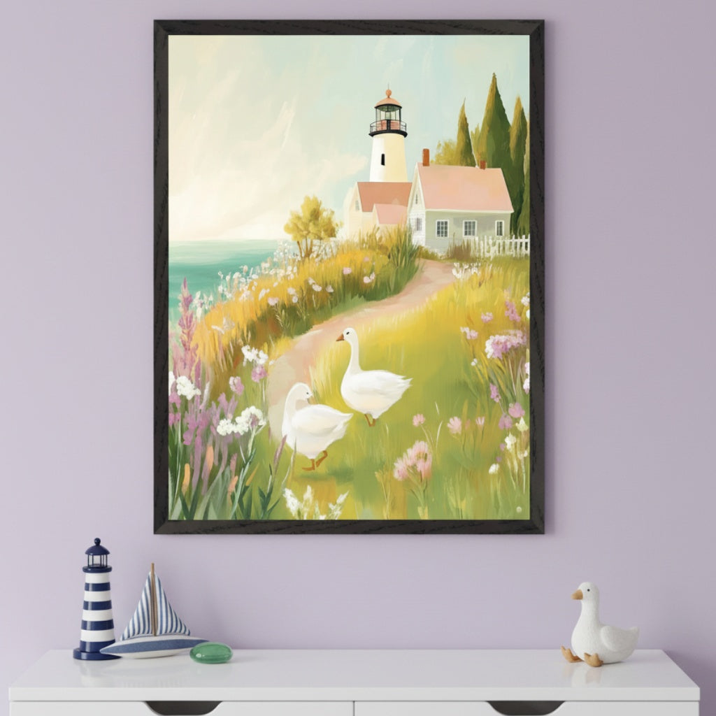 Modern room with a white dresser against a light purple wall. A framed painting of a lighthouse, house, sea, path, two white geese, and wildflowers in a painterly style hangs centered above the dresser.
