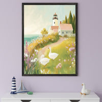 Modern room with a white dresser against a light purple wall. A framed painting of a lighthouse, house, sea, path, two white geese, and wildflowers in a painterly style hangs centered above the dresser.