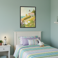 Kid's bedroom with a white bed frame and headboard. A large framed painting hangs centered above the bed, depicting a coastal scene with a lighthouse, house, path, flowers, and two white geese in a naturalistic, painted style. A white nightstand is to the left with a lighthouse lamp.