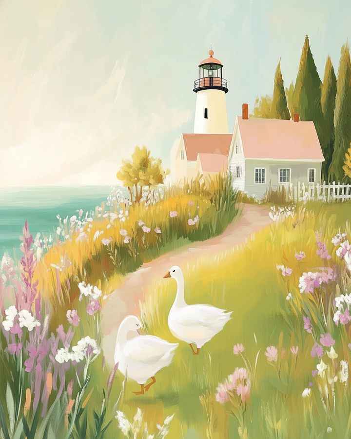 A serene coastal scene featuring a lighthouse with a red roof and white walls, surrounded by lush wildflowers in pink, white, and yellow hues. Two white geese stroll along a grassy path, adding to the tranquil atmosphere. The ocean is visible in the background under a soft, pastel sky.