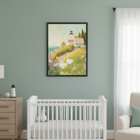 Nursery with a sage green wall. A black framed painting depicting a lighthouse, house, path, flowers, and two white geese by the ocean hangs centered above a white crib. A wooden dresser is to the left, and a cream armchair to the right.
