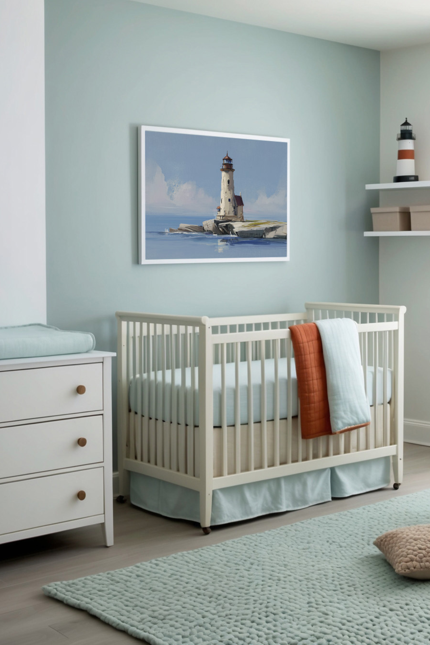 A cozy nursery decorated in soothing shades of soft blues and whites, featuring a white crib with pastel bedding and minimalistic decor. A framed artwork above the crib shows a peaceful coastal scene with a lighthouse, enhancing the room's calm, nautical atmosphere.