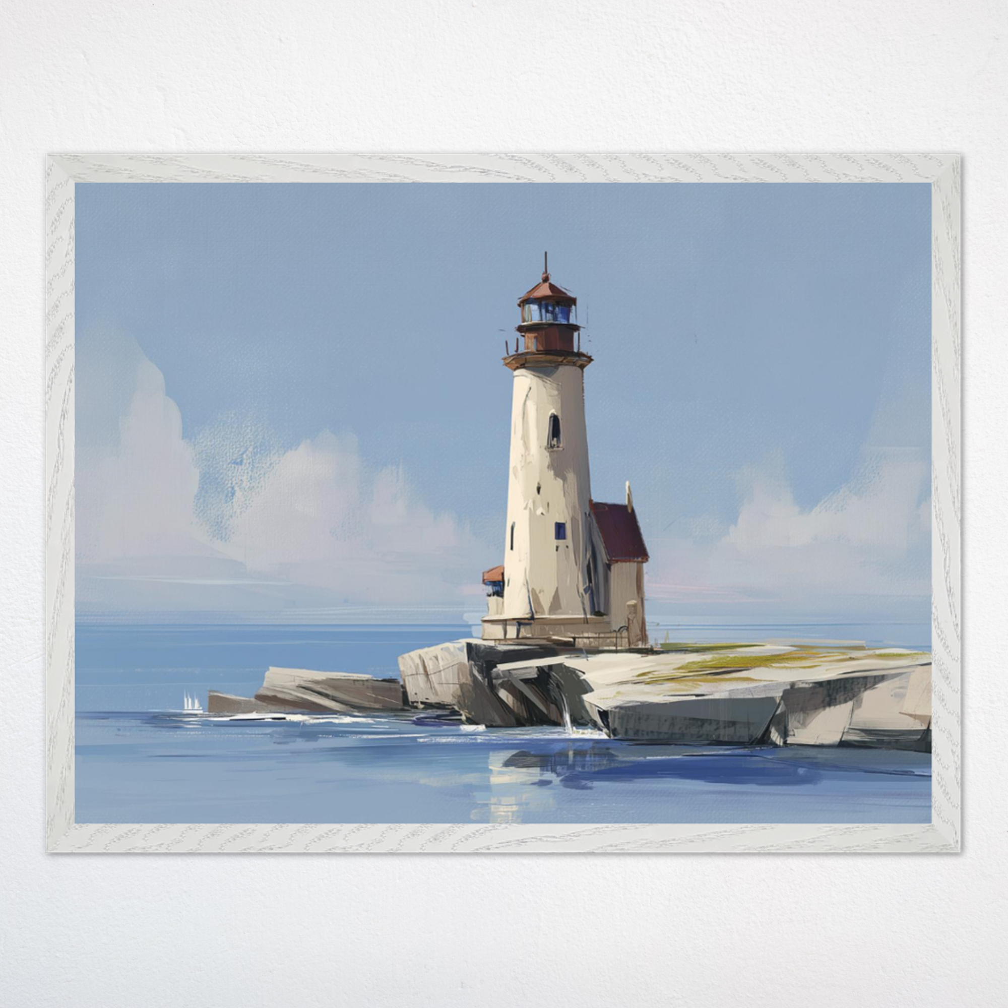 White lighthouse standing tall on rocky terrain, overlooking a tranquil sea beneath a clear blue sky. Soft clouds drift in the distance, adding serenity to the coastal scene.