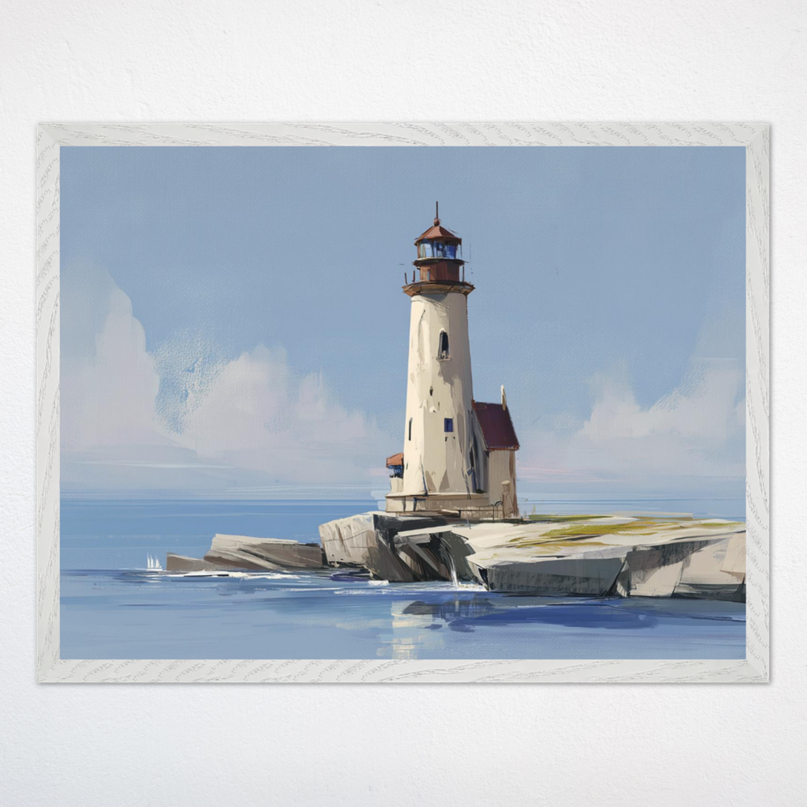 White lighthouse standing tall on rocky terrain, overlooking a tranquil sea beneath a clear blue sky. Soft clouds drift in the distance, adding serenity to the coastal scene.