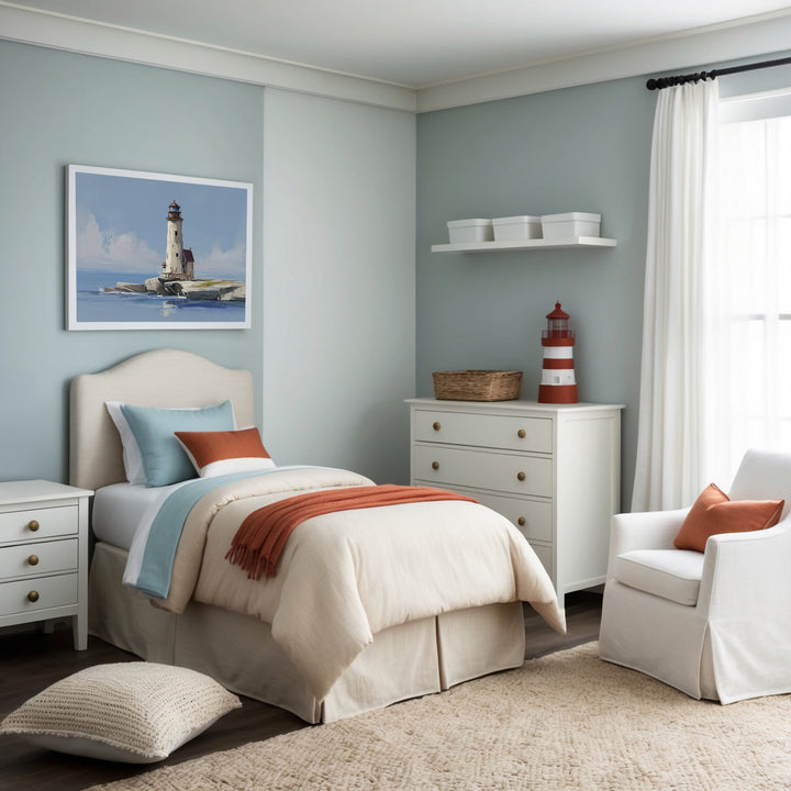 Serene coastal-themed bedroom with muted blue walls and cream-colored furnishings accented by soft coral tones. A framed artwork above the bed depicts a tranquil lighthouse standing on a rocky shoreline, enhancing the room's relaxing nautical aesthetic.