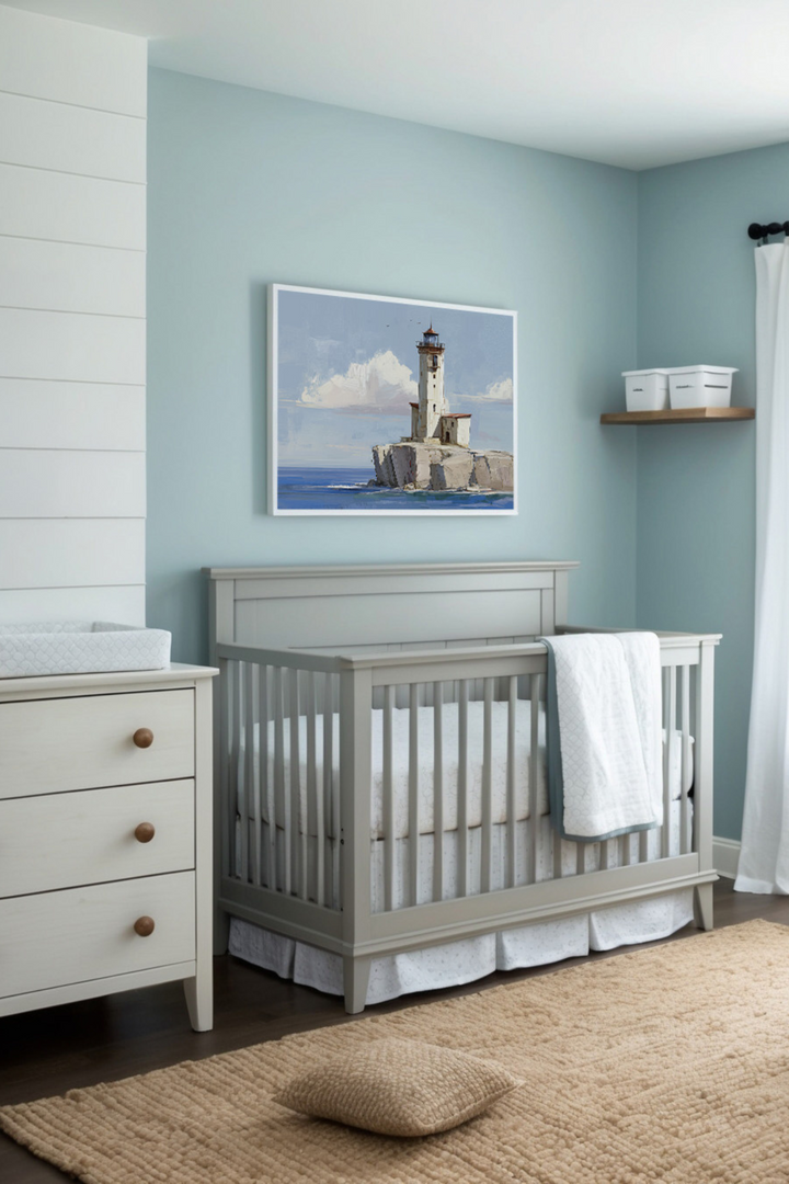 Serene nursery decorated in soothing shades of light blue, white, and beige, featuring a wooden crib with soft, neutral bedding. A coastal-inspired painting of a lighthouse perched on rocky cliffs overlooks the crib, enhancing the room's peaceful, nautical theme.
