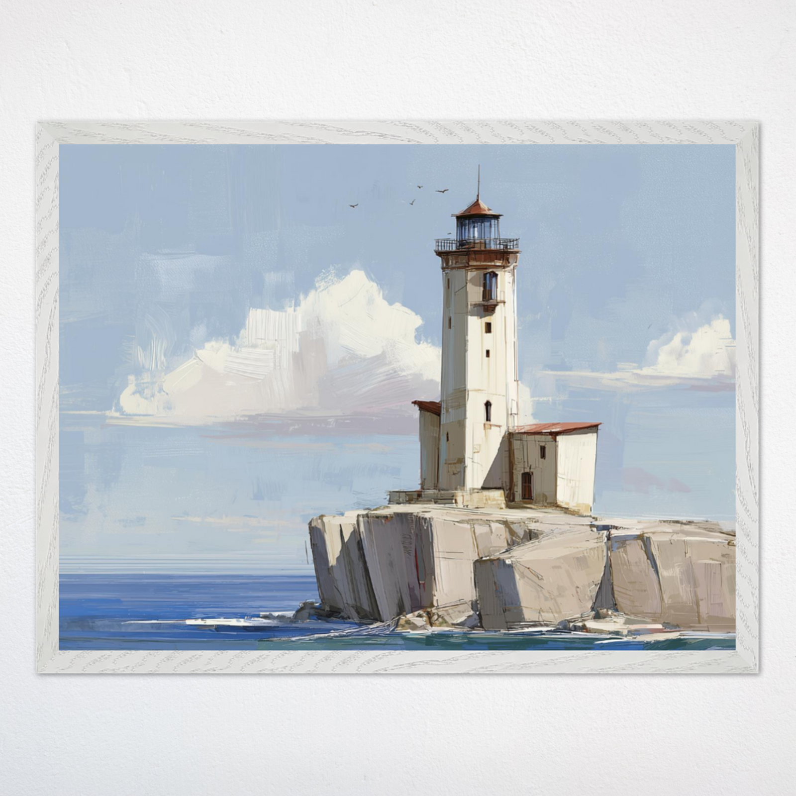 White lighthouse standing prominently on a rocky island against a blue sky and calm ocean waters. The scene includes a few birds flying above and fluffy clouds in the background.