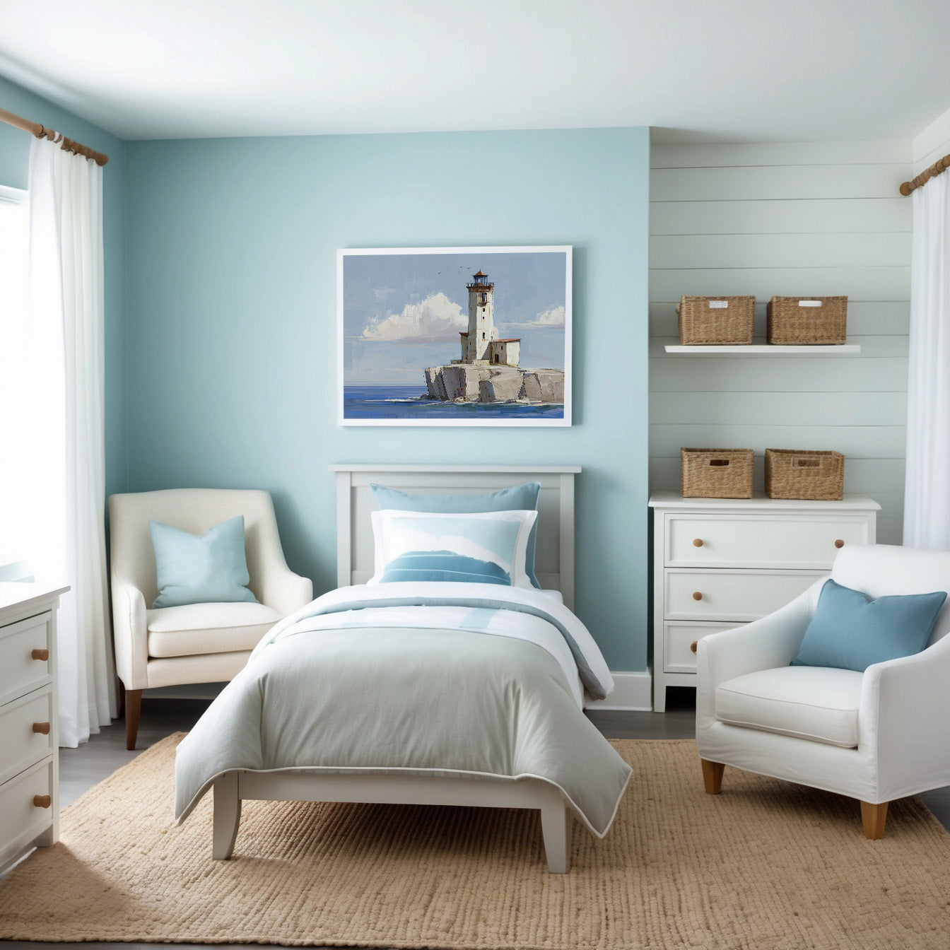 Bright, airy bedroom decorated in soothing shades of pale blue and white, featuring comfortable seating, crisp bedding, wicker storage baskets, and artwork of a lighthouse on a rocky island against a serene sky.