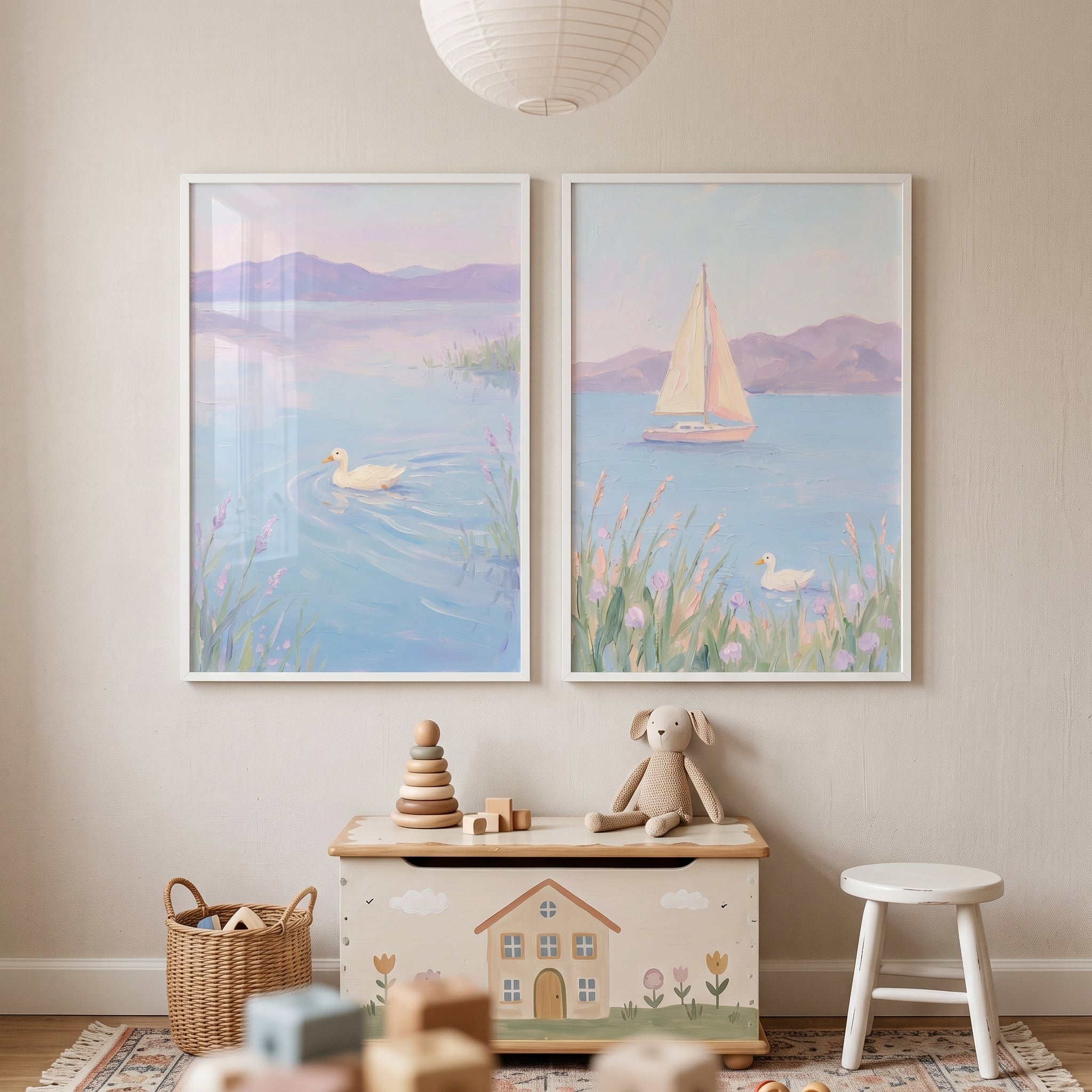Lilac Lake White Duck Wall Art Set of 2 - Serene Lake Morning