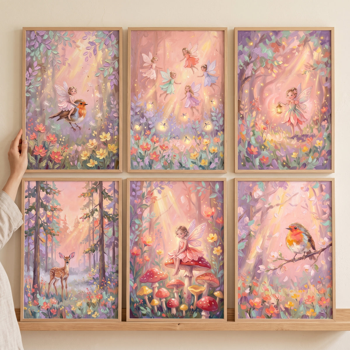 Lilac sunlit forest wall art set of 6 featuring whimsical fairies, birds, and a deer in an enchanting glowing woodland.