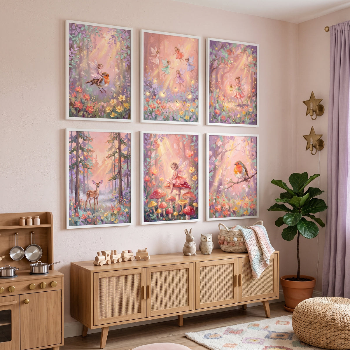 Lilac Sunlit Forest Wall Art Set of 6 - Sunlit Fairy Garden
