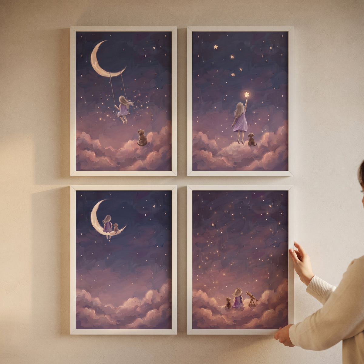 Lilac sunset girl dog wall art set of 4 in white frames showing a girl and her dog among stars and clouds on a wall.
