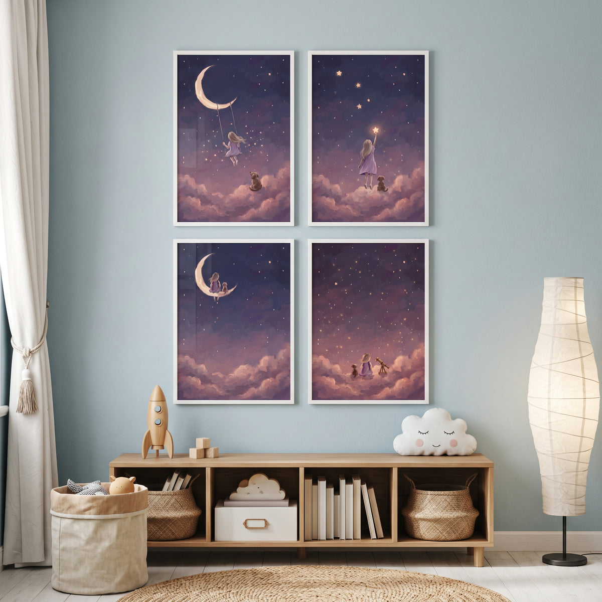 Lilac Sunset Girl Dog Wall Art Set of 4 - Moonlight Dream Journey