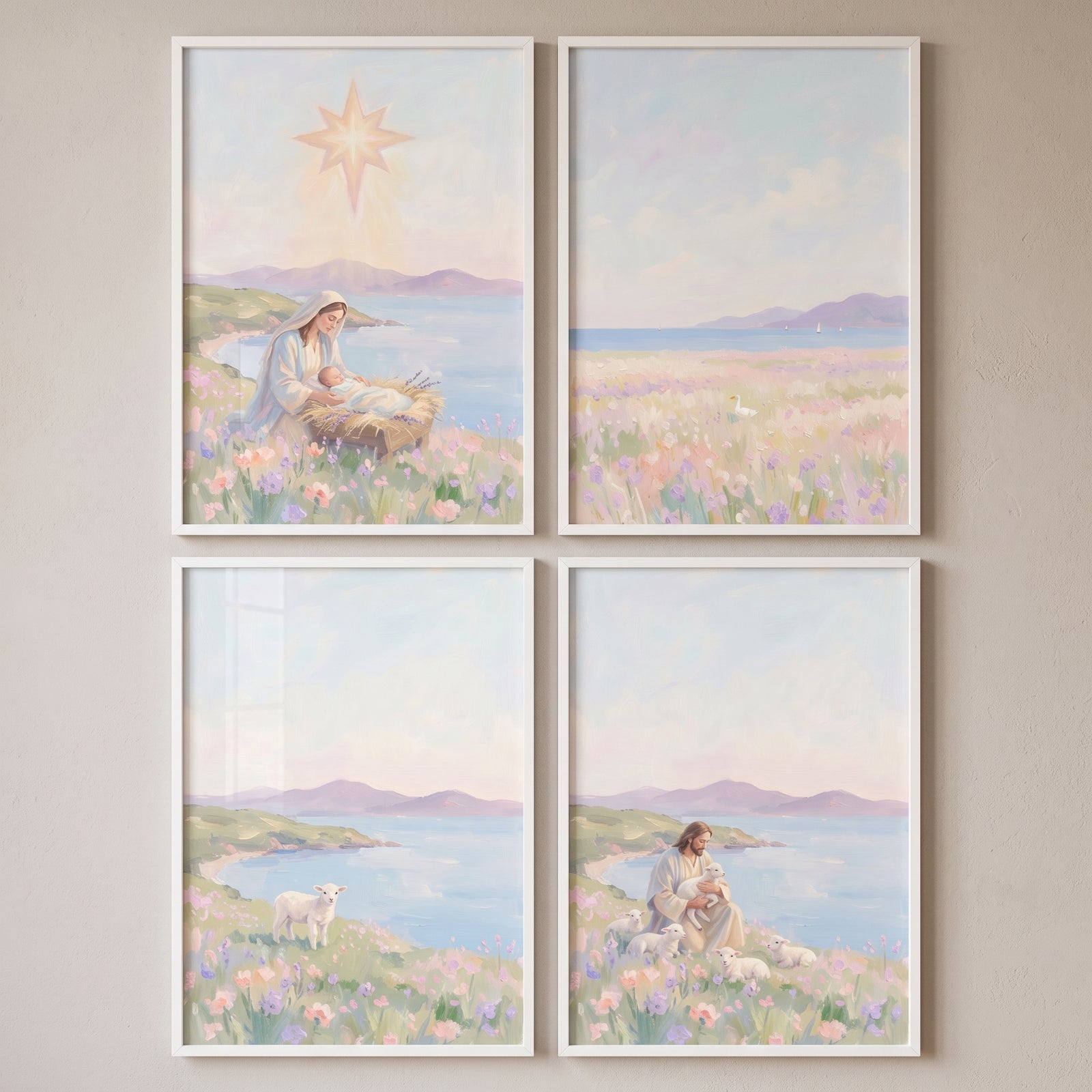 Lilac wildflower biblical coastal wall art set of 4 featuring Jesus Christ, Mary, the nativity star, lambs, and a swan.
