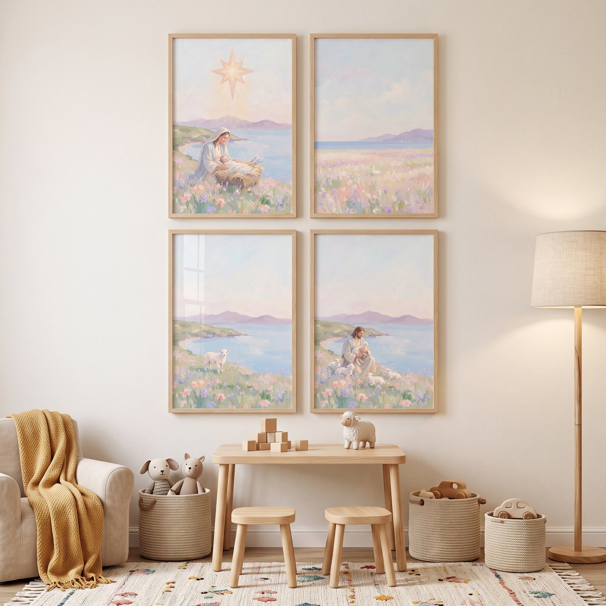 Lilac Wildflower Biblical Coastal Wall Art Set of 4 - Jesus The Shepherd