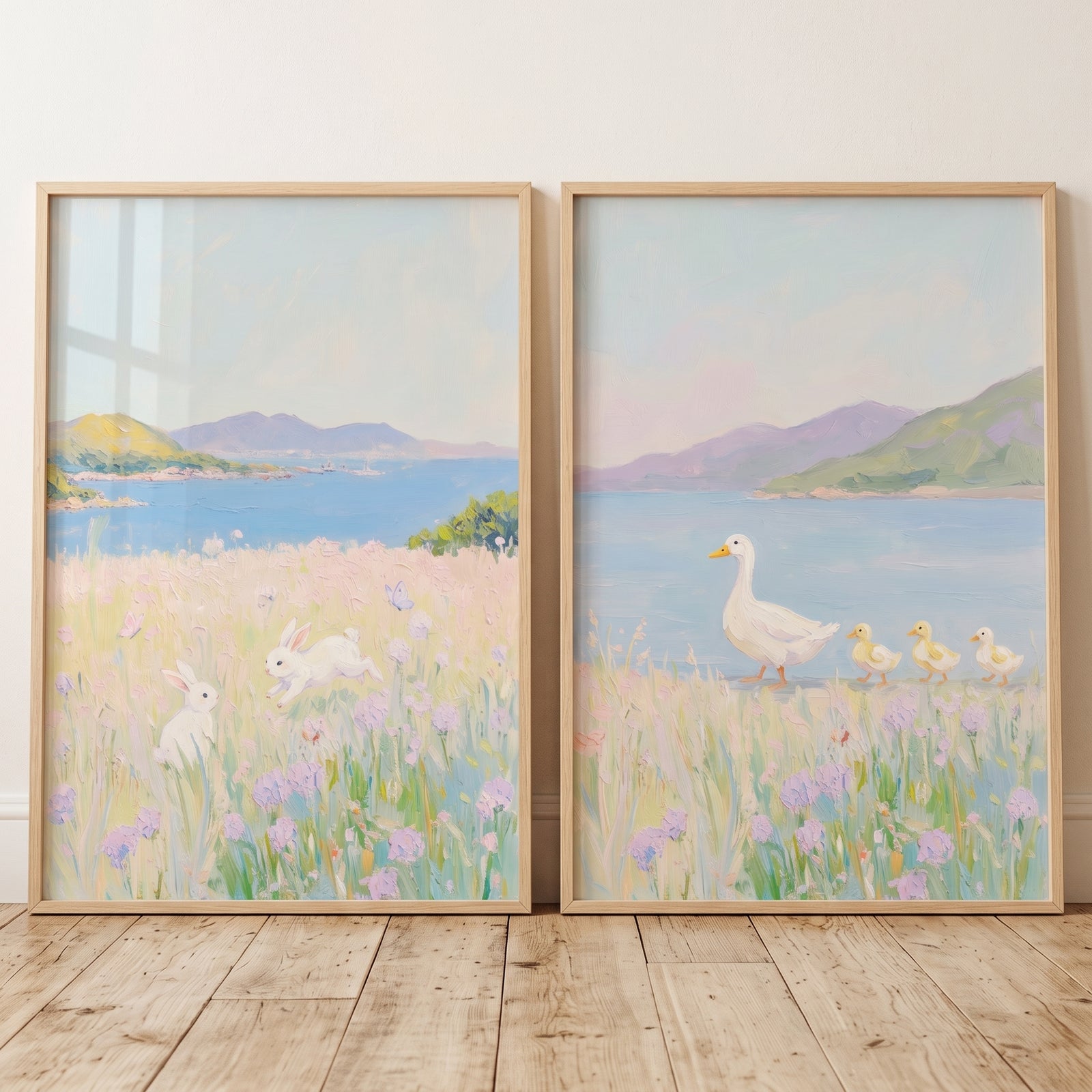 lilac wildflower meadow coastal wall art set of 2 featuring white rabbits and a duck family in soft pastel seaside scenes.
