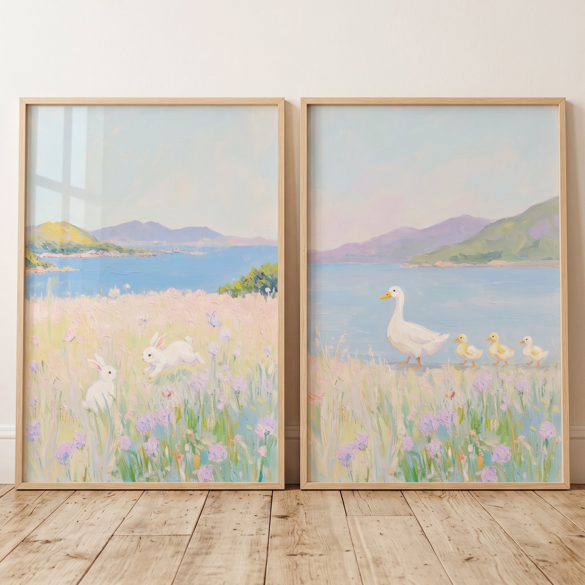 Lilac Wildflower Meadow Coastal Wall Art Set of 2 - Pastel Lakeside Peace