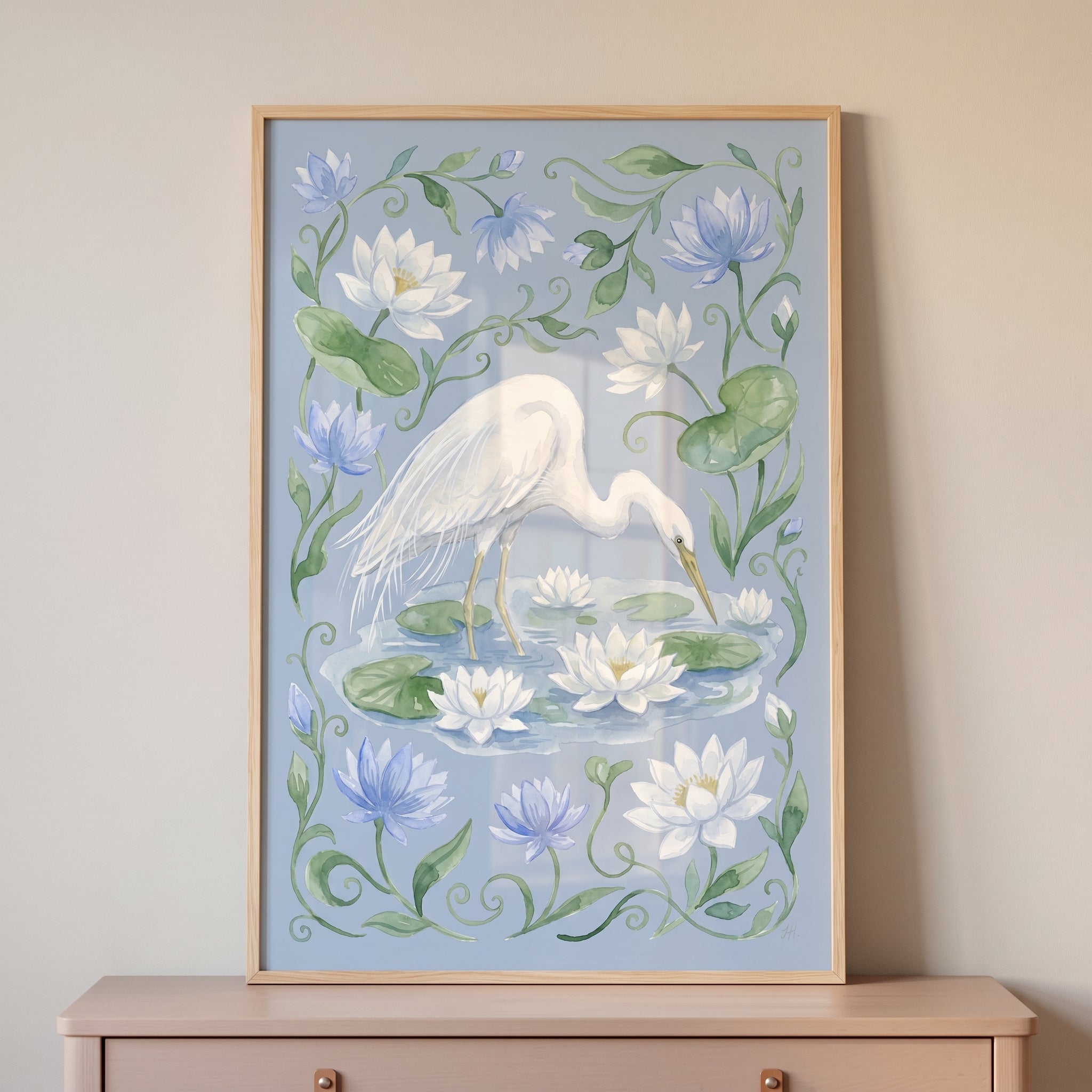 Lily Pad White Egret Bird Wall Art - Azure Lily Serenity