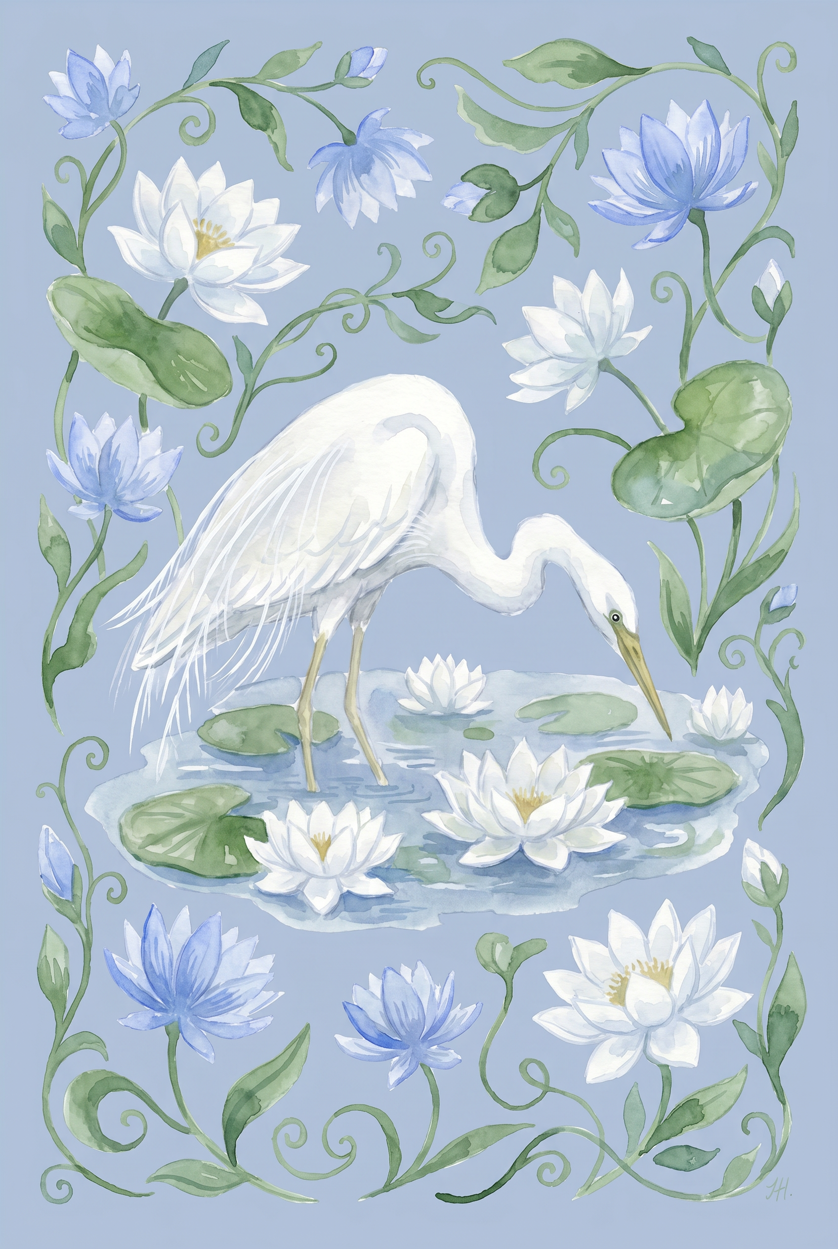 Lily Pad White Egret Bird Wall Art - Azure Lily Serenity