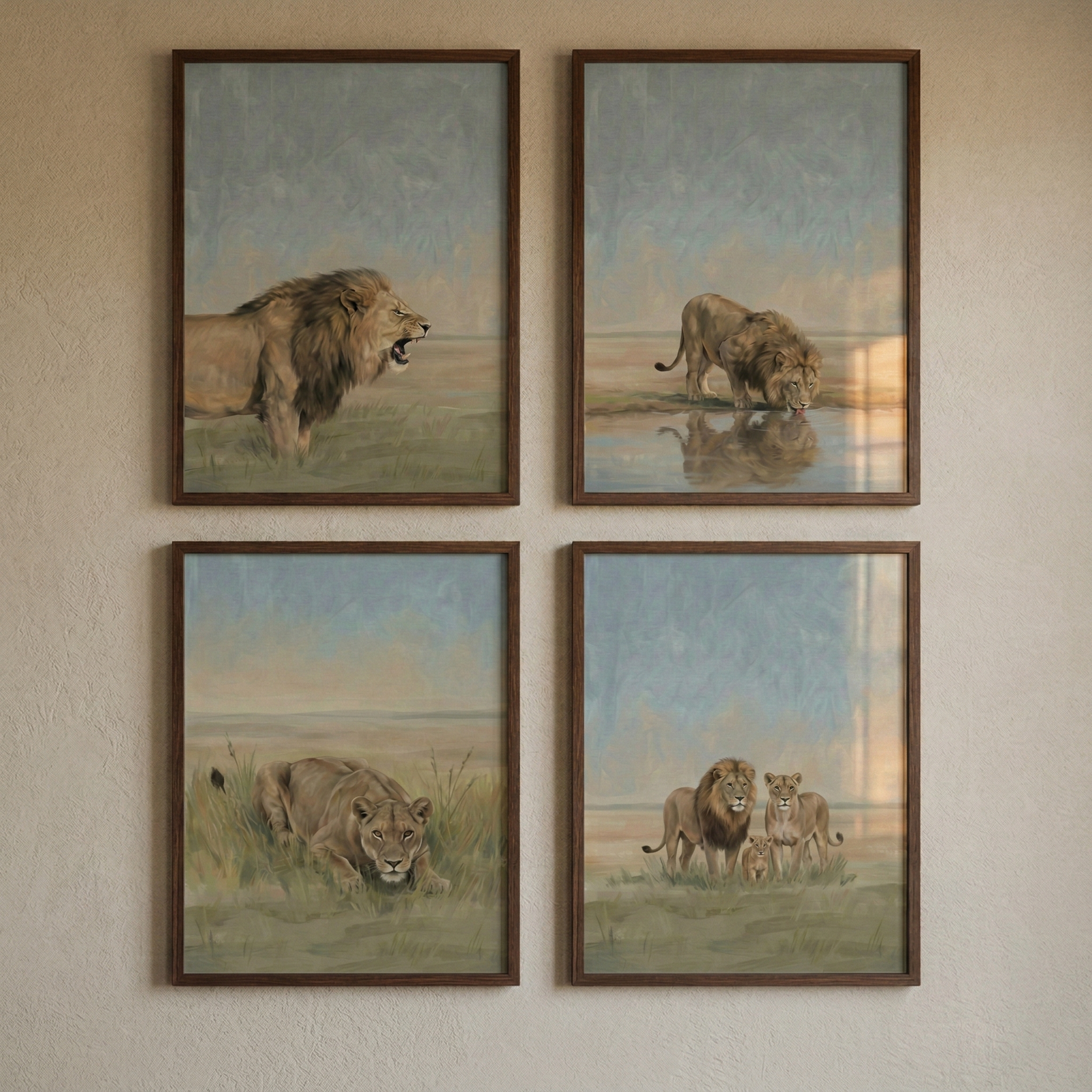 Four framed lion paintings hang in a grid on a textured beige wall. They show a lion roaring in profile, a lion drinking from water, a lioness crouched low in the grass, and a lion with a lioness and cub standing together on an open plain.