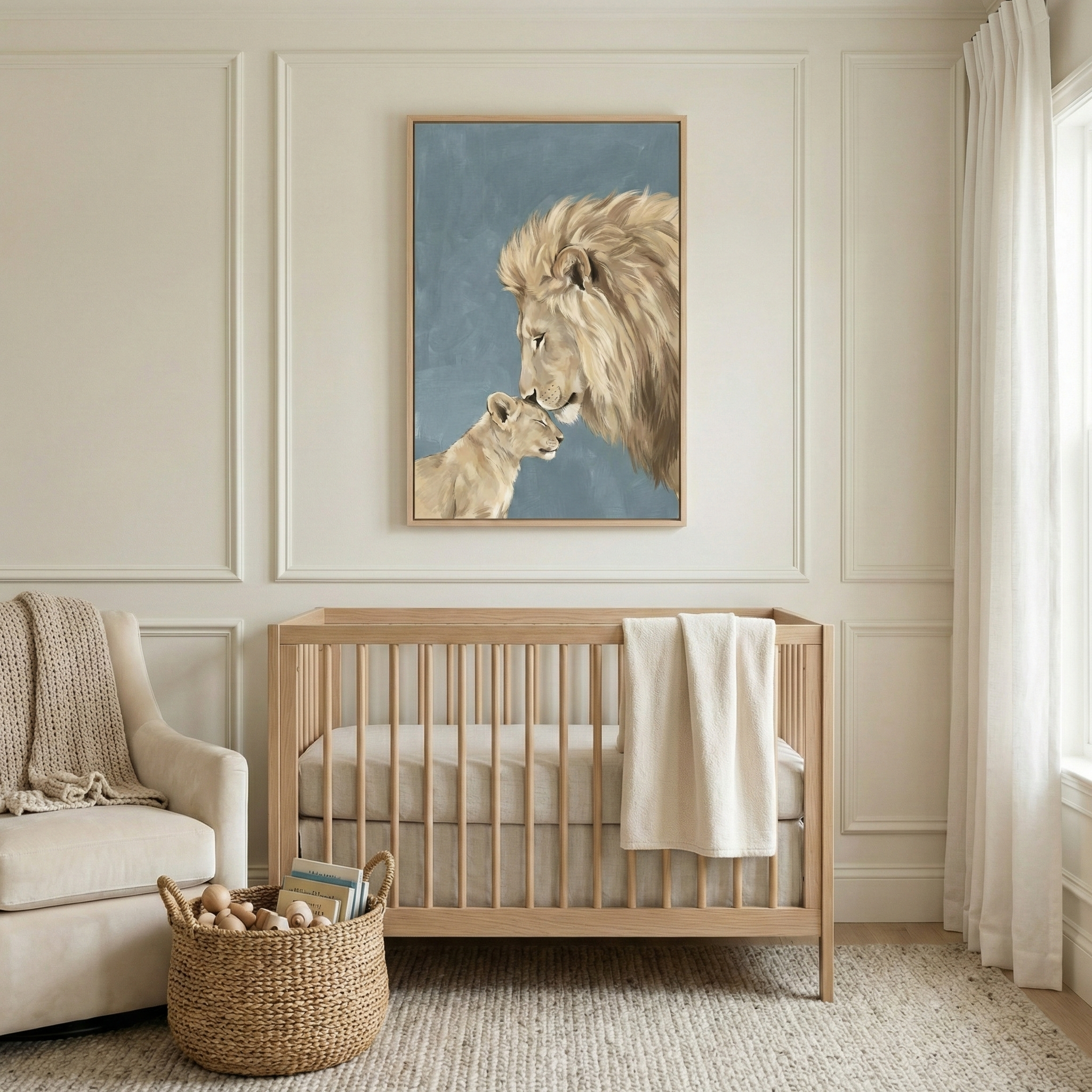 A serene and modern nursery featuring neutral-toned walls with elegant decorative wall paneling. In the center, a light-toned wooden crib is dressed with a soft white blanket draped over its side. To the left sits a plush, cream-colored armchair with a textured beige throw blanket. On the floor, a round woven wicker basket is filled with simple wooden toys and books, resting on a light-textured area rug. 

