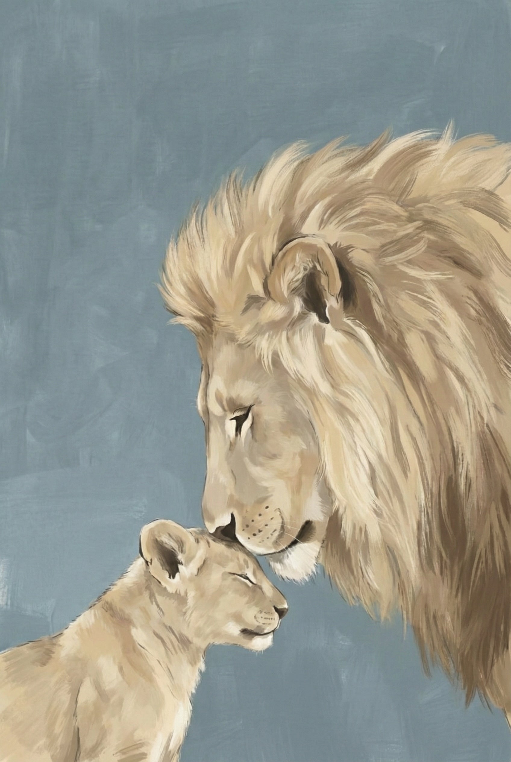 A tender close-up portrait of a male lion pressing his forehead affectionately against a lion cub, both with eyes closed in a peaceful moment of bonding.

