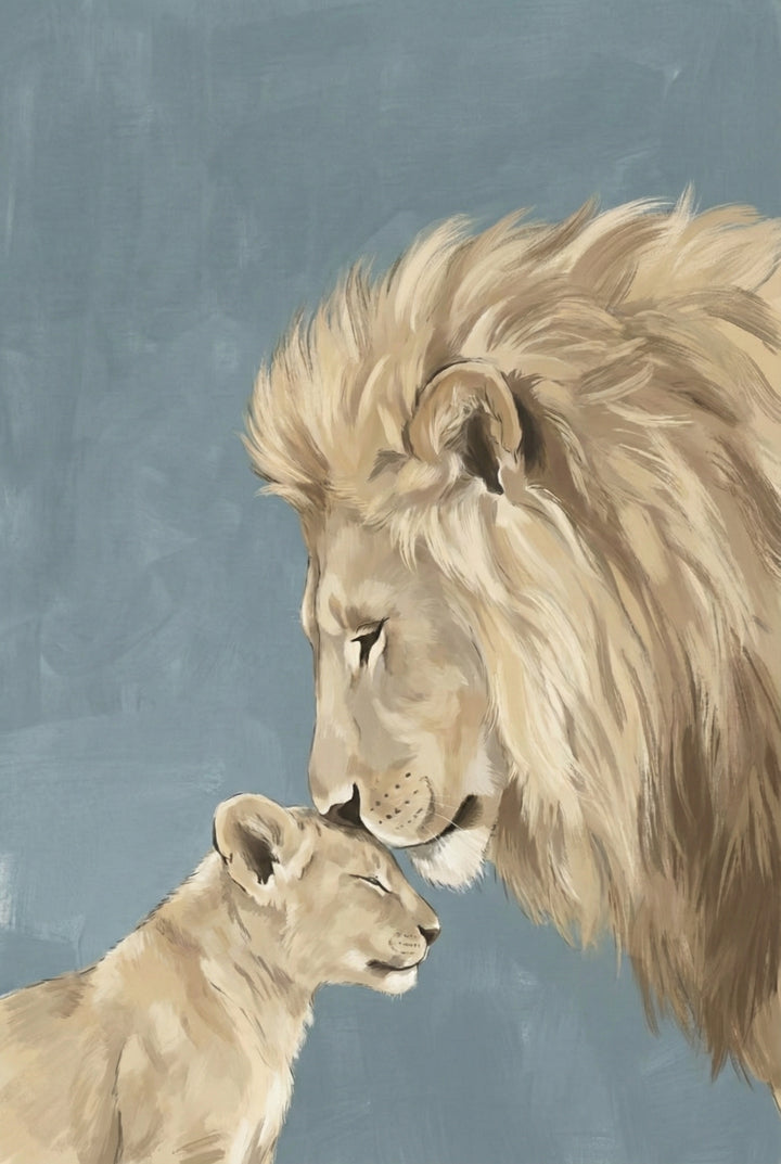 A tender close-up portrait of a male lion pressing his forehead affectionately against a lion cub, both with eyes closed in a peaceful moment of bonding.


