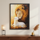 Warm-toned living room with a dark wood console table. A large framed painting with a black frame, depicting a lion gently nuzzling a lamb in a painterly style, hangs centered above the table.