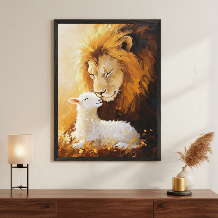 Warm-toned living room with a dark wood console table. A large framed painting with a black frame, depicting a lion gently nuzzling a lamb in a painterly style, hangs centered above the table.