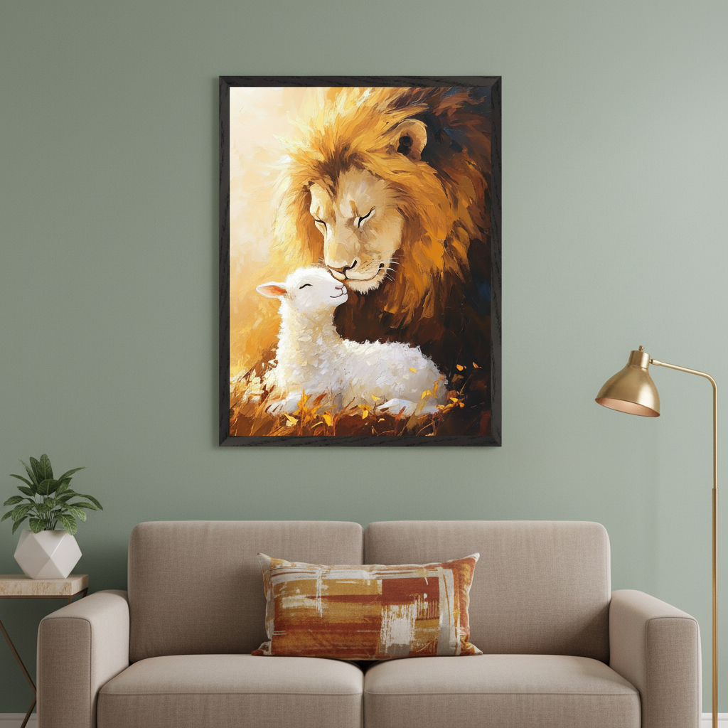 Modern living room with a beige sofa. A large framed painting of a lion nuzzling a lamb in a warm, painterly style hangs centered above the sofa on a sage green wall. A plant sits on a side table, and a gold floor lamp stands to the right.
