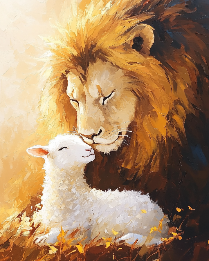 A lion and a lamb rest peacefully together, with the lion gently nuzzling the lamb. The artwork features warm, golden tones, creating a serene and harmonious atmosphere.