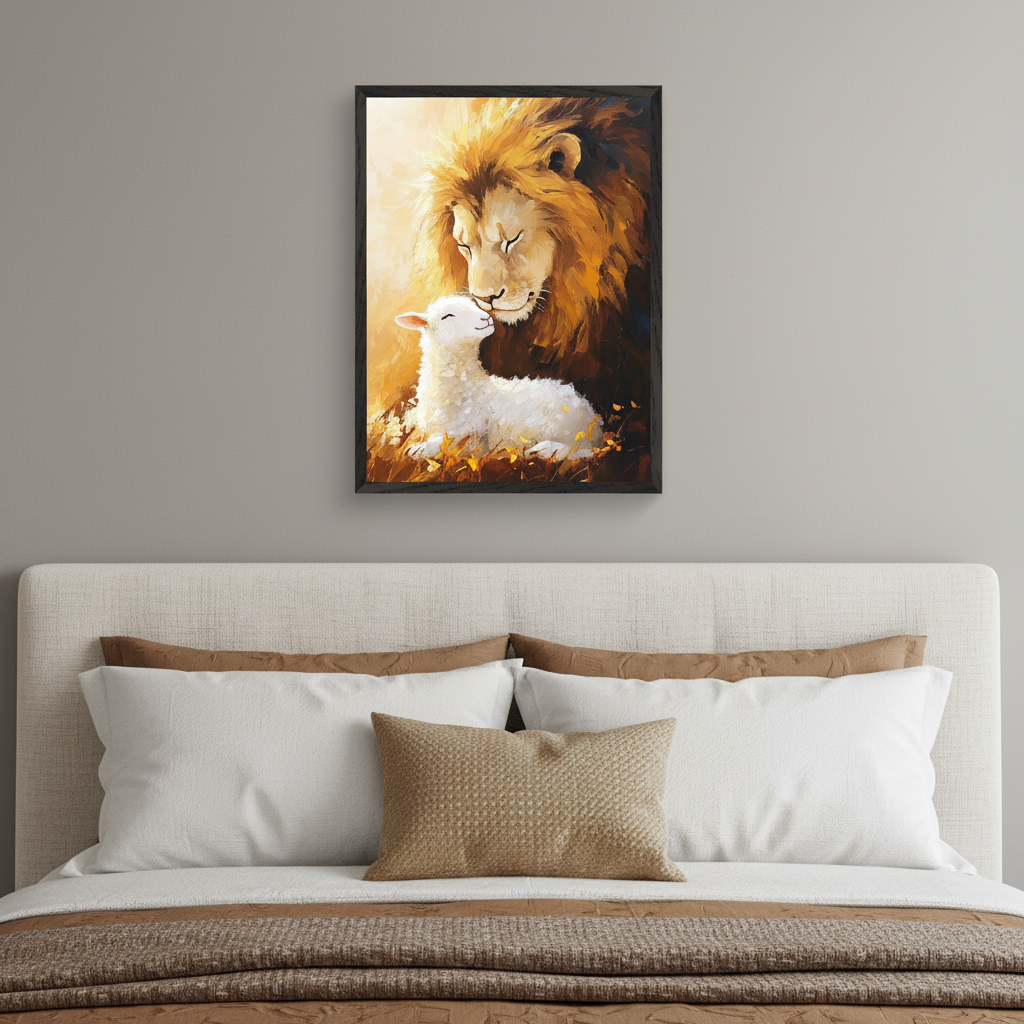 Modern bedroom with a beige upholstered bed. A framed oil painting of a gentle lion and a lamb touching noses, bathed in warm light, hangs centered above the headboard.