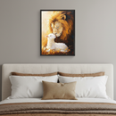 Modern bedroom with a beige upholstered bed. A framed oil painting of a gentle lion and a lamb touching noses, bathed in warm light, hangs centered above the headboard.