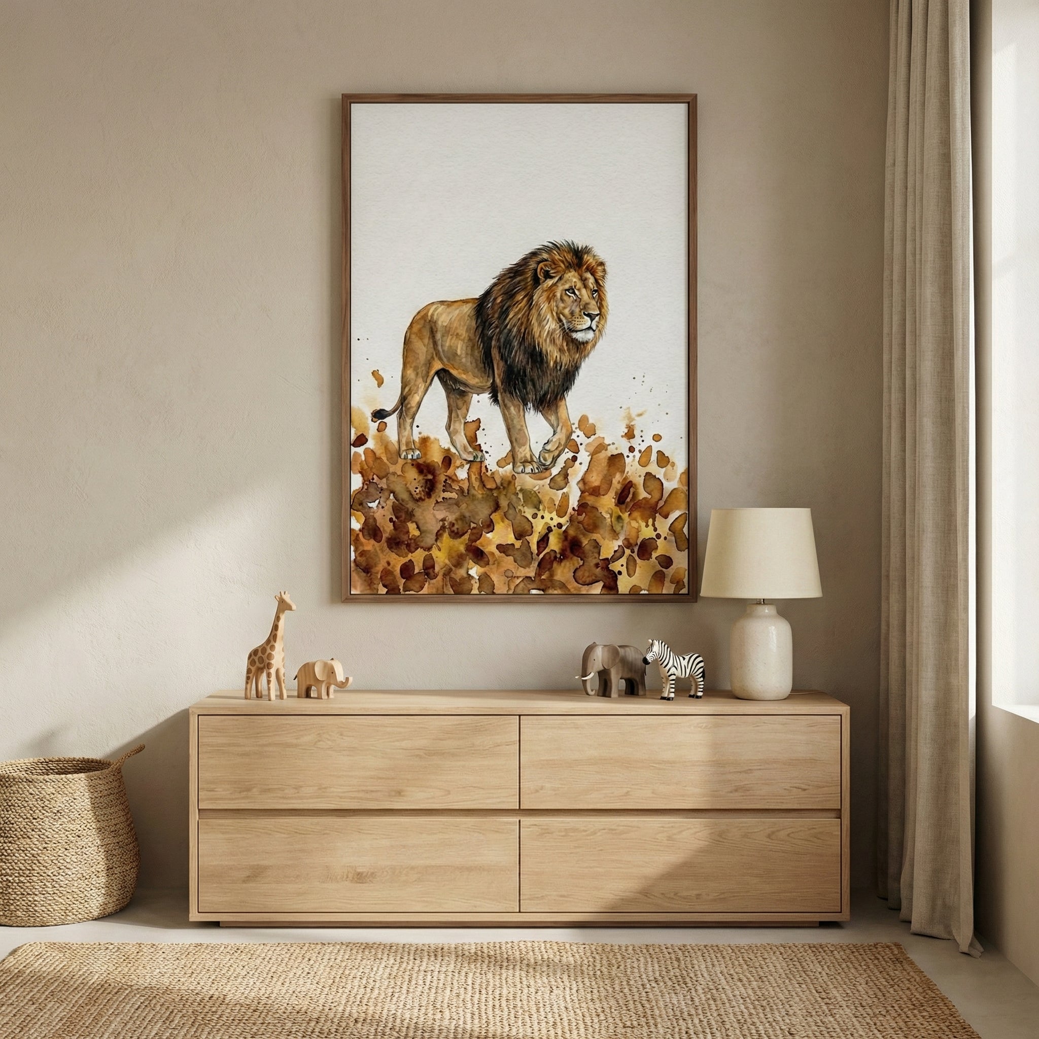 Framed watercolor painting of a lion walking confidently through abstract earth-toned brushstrokes, resembling a savanna landscape. The bold animal artwork hangs above a light wood dresser in a warm, nature-inspired room.