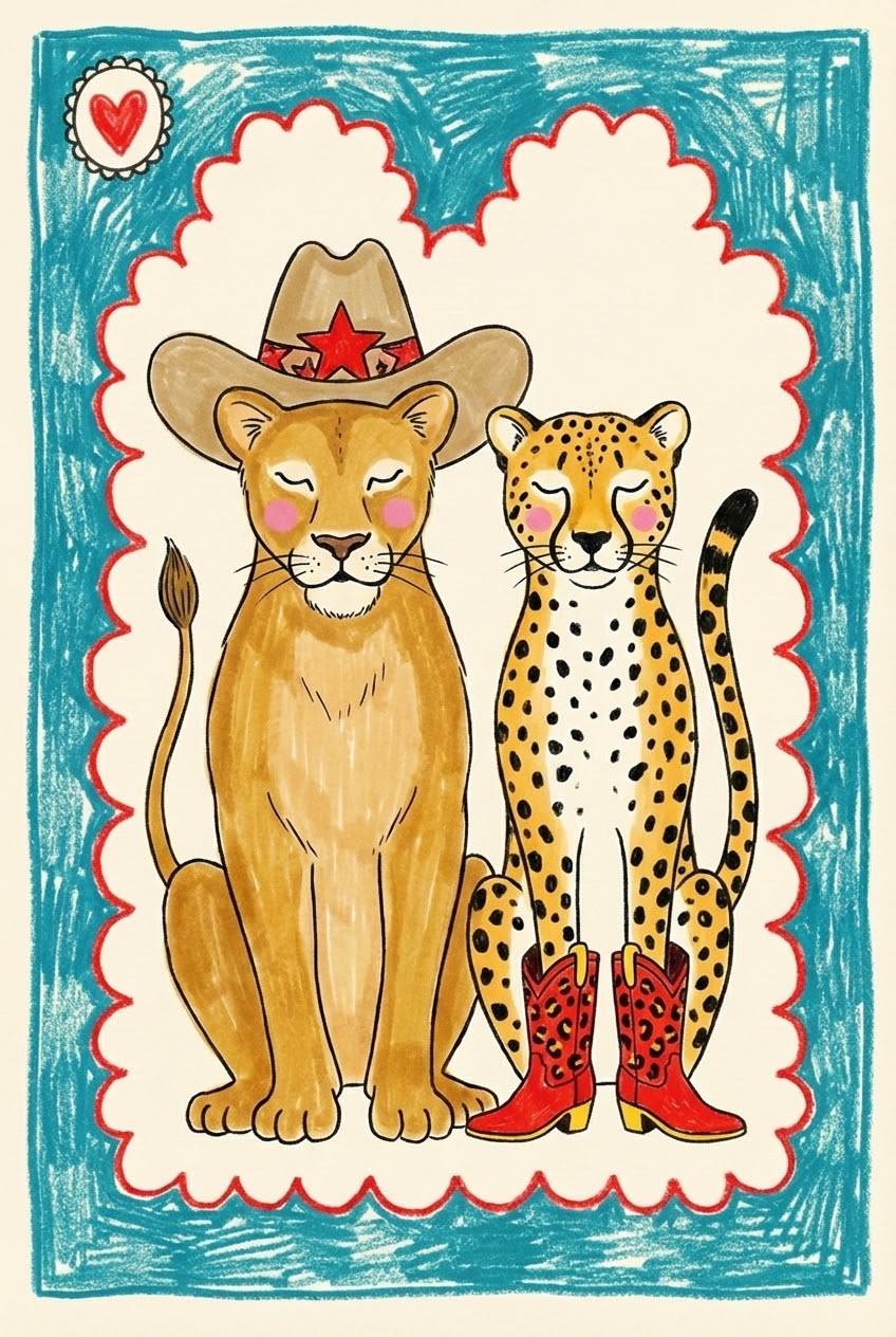 Childlike crayon drawing of a lion and a cheetah sitting side by side with eyes closed and rosy cheeks. The lion wears a cowboy hat with a red star, while the cheetah sports red and yellow cowboy boots. A heart in the corner and a blue and red scalloped border frame the playful western-themed animal portrait.